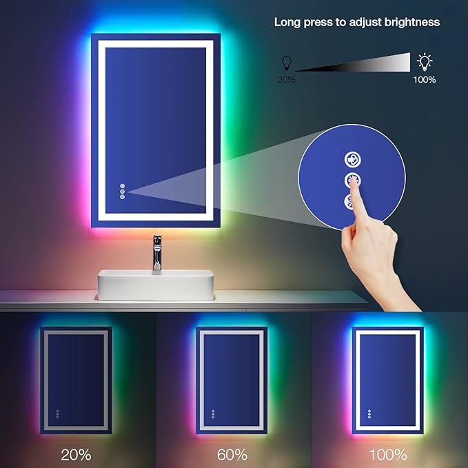 LOAAO 24"x36" LED Bathroom Mirror with Lights, Anti-Fog, Dimmable, RGB Backlit + Front Lighted, Bathroom Vanity Mirror for Wall, Memory Function