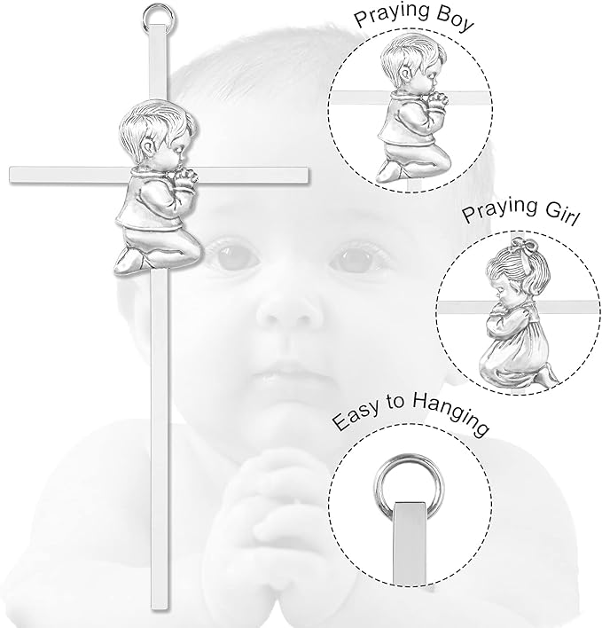 2 PCs Silver Baby Wall Cross Baptism Gifts for Boy and Girl Christening First Communion Dedication Gift for Baby Girls Goddaughter Religious Baptismal Children Crosses Gifts from Grandparents, 7in