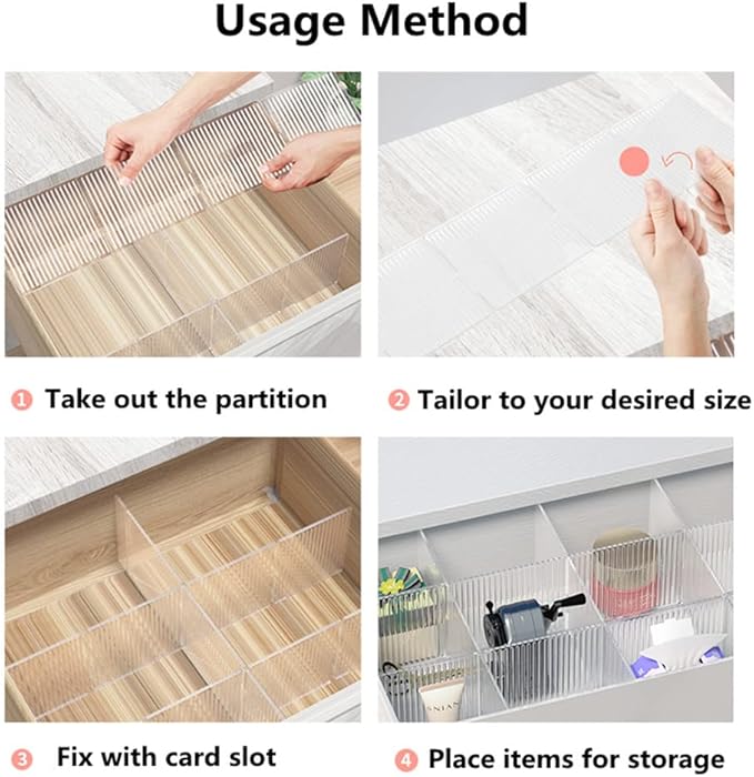 8pcs DIY Plastic Drawer Organizer Adjustable Drawer Dividers for Home Tidy Closet, Socks, Underwear, office school supplies, kitchen utensil tools (Clear White)