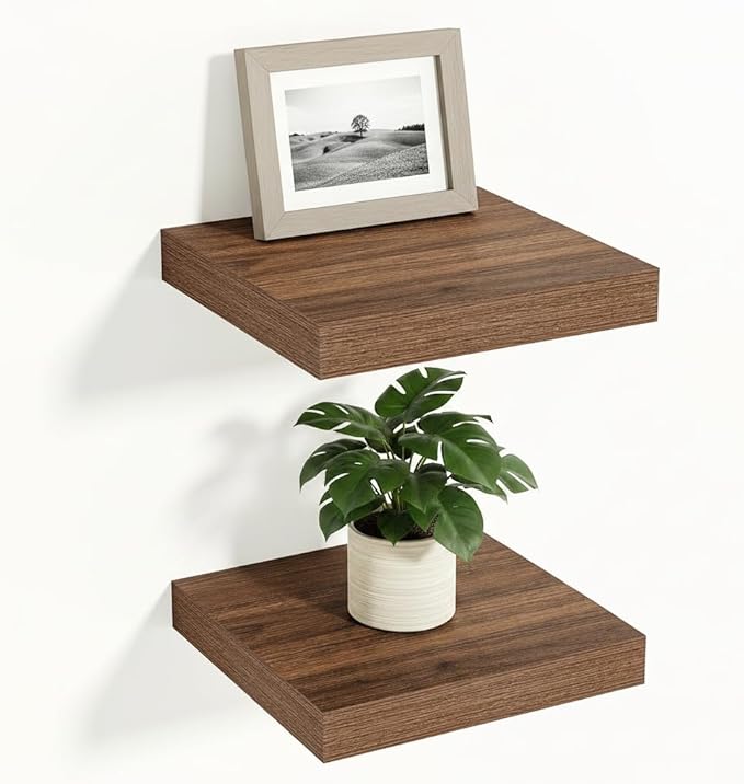 Vivelove Rustic Floating Shelves for Wall 12 Inch Deep, 12" X 12" X 1.5" Floating Shelf, 2 Inch Thick Shelf for Living Room Bathroom Bedroom Kitchen Office, Rustic Farmhouse Decor Set of 2, Walnut