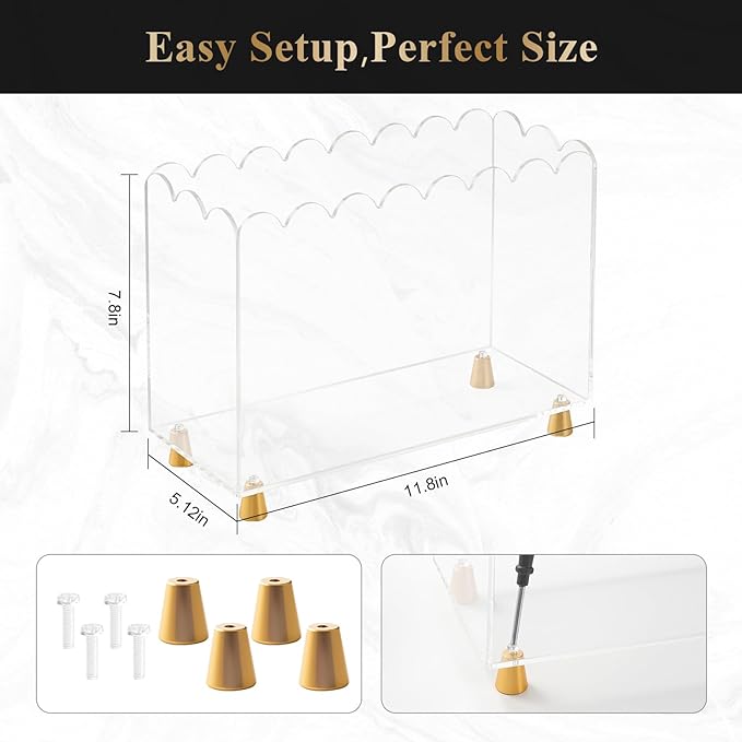 Acrylic Magazine Holder,Magazine Rack Floor,Crystal Clear Stylish Organizer with Luxe Gold Metal Feet and Wave Edge Design Space Saving Storage for Books Newspapers Office Supplies,Home Office