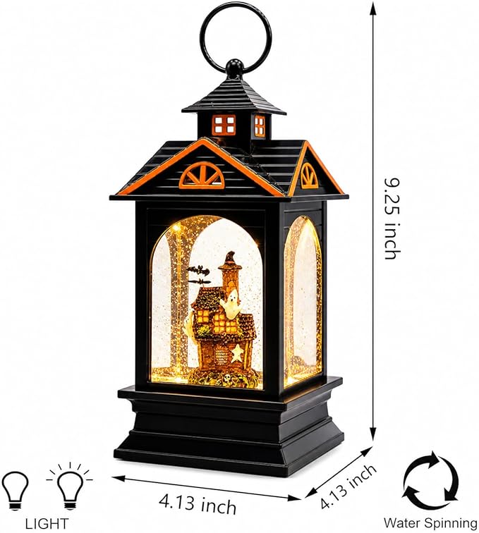 Halloween Lantern Water Spinning Snow Globe LED Light Haunted House Ghost Decor 9.25 Inch Black Acrylic Glitter Lantern Battery Operated Spooky Indoor Fall Decoration