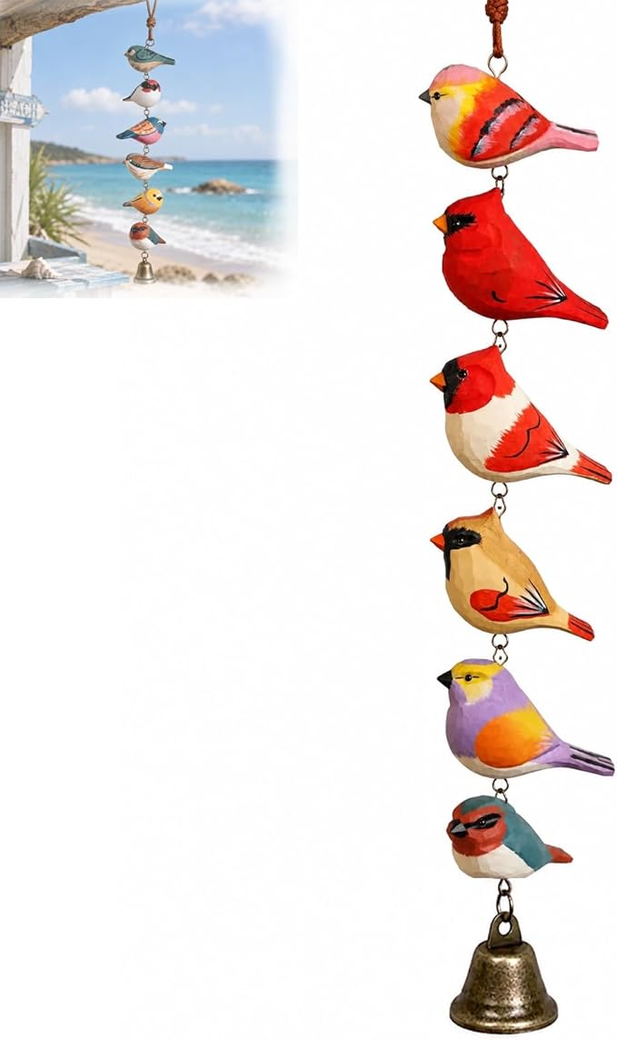 Rustic Hand Painted Bird Ornament, Handcrafted Wooden Colorful Birds, Carved Northern Figurine for Hanging Decor Indoor Outdoor, Decorative Wood Bird Wind Chime Style Pendant Decor(C)