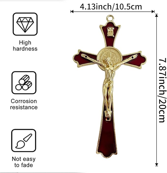 BONITTER Golden St Benedict Crucifix Metal Wall Art, 7.8x4.1 Inch Cross, Blue/White/Black/Red Wall Decor, Saint Benedic Cross for Home Decoration, Catholic Gift (Red)