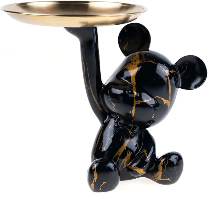 Key Holder Bowl Tray For Office Desk, Decorative Animal Bear Sculpture Home Decor Statue, Storage Tray For Entryway Table (Black & Gold)