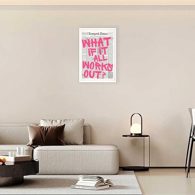 Drimiler Retro Newspaper Pink Font Poster What If It All Works Out Canvas Wall Art Positive Affirming Quote Minimalist Prints Painting For Home Bedroom Dorm Wall Decor 12x18in Unframed