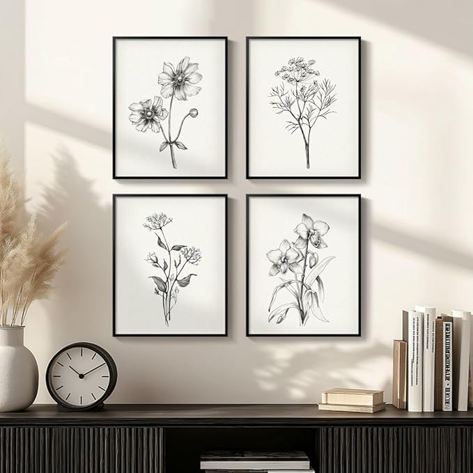 Framed Black and White Bathroom Wall Art, 4 Piece Vintage Floral Canvas Prints Artwork for Farmhouse, Rustic Minimalist Flower Botanical Pictures for Bedroom Living Room Wall Decor, 8x10x4 (Pack)