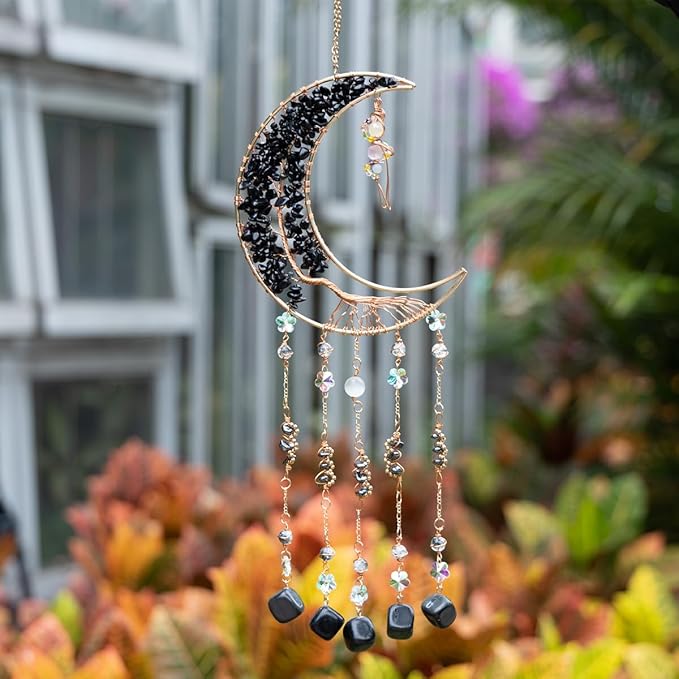 Agate Moon Dream Catchers with Crystal 7 Chakra Gemstone Dream Catchers Color Natural Gem Agate Wall Hangings Room Garden Dreamcatchers Decor (Black)