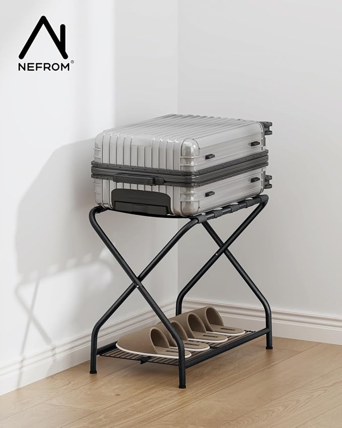 Luggage Rack with Storage Shelf, Foldable Suitcase Stand, Heavy Duty Metal Luggage Holder, 150 lbs Top Capacity, 50 lbs Bottom Shelf, for Guest Room, Bedroom, Hotel LR-BK-1