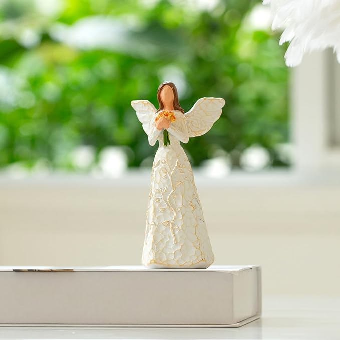 Hand-Painted Angel Figurine with Sunflower & Tree of Life Design - Collectible Sculpture for Retirement Gifts.