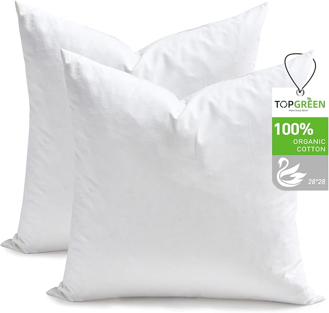 Feathers Down Throw Pillow Inserts 28x28, Set of 2, 100% Organic Cotton Shell, Soft Decorative Euro Pillow Insert for Living Room Sofa, Couch, or Bed (White)