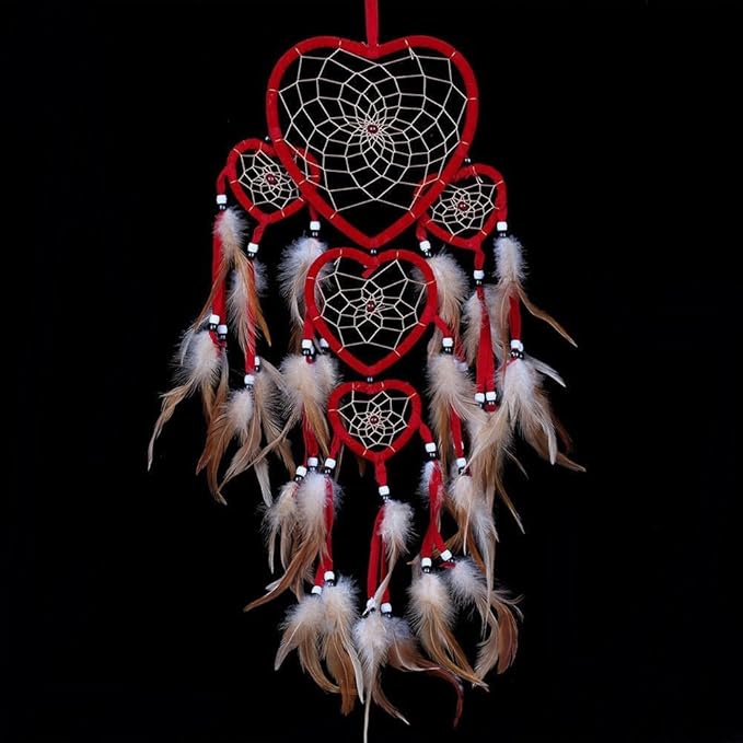 Heart Shaped Dream Catcher with Feathers Car Wall Hanging Decoration (Red)