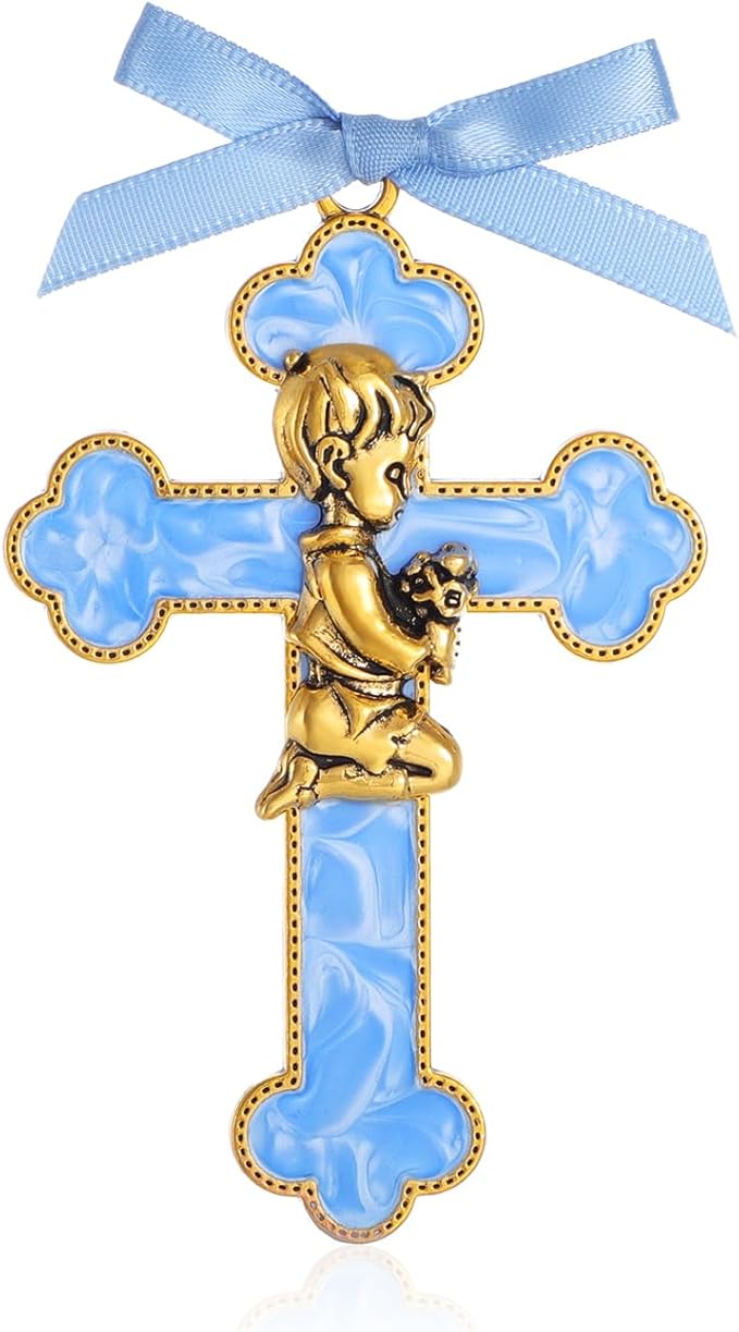 KOMI Baptism Gifts for Boys Blue Enamel Baby Wall Cross Christening Gifts Praying Boy Cross Christening and Dedication Baptismal Gifts from Godmother