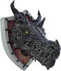 Generic Dragon Head Trophy Wall Art - Wall Pediment - Ready for Painting - 3D Printed Fantasy Art for Gamers (Black with Brown/Grey Shield)