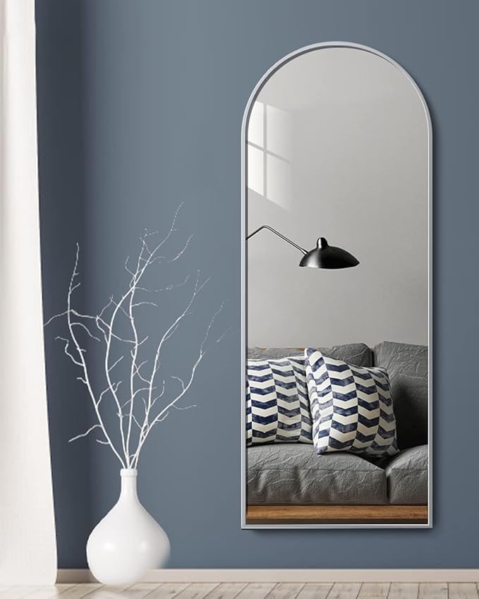 Prywot Full Length Mirror, 64"x21" Arched-Top Floor Mirror, Modern Full Body Mirrors with Stand, Wall Mirrors with Aluminum Alloy Frame for Bedroom,Living Room, White
