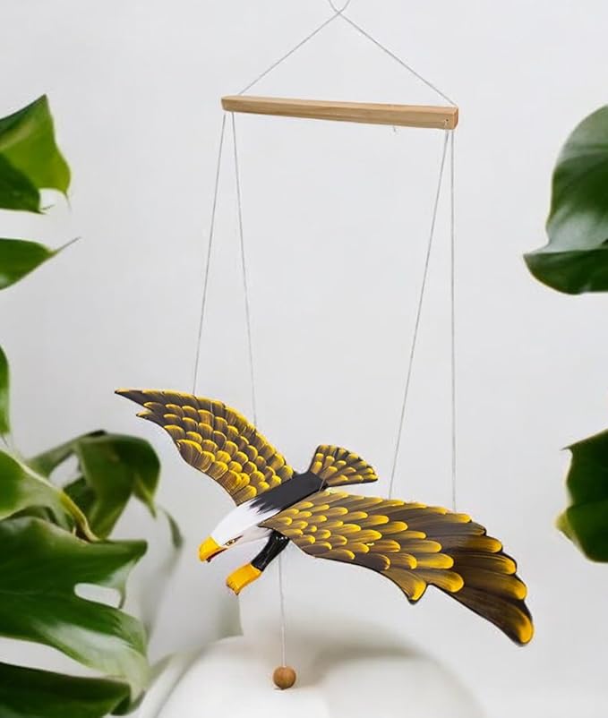 WitnyStore Wooden Bird Mobile 25" Yellow Black Flying Eagle Hand Made Painted Wood Flapping Wing Birds Hanging Ceiling Decor Wind Chimes Handcrafted Animal Decorative Collectible Décor Gifts Souvenirs