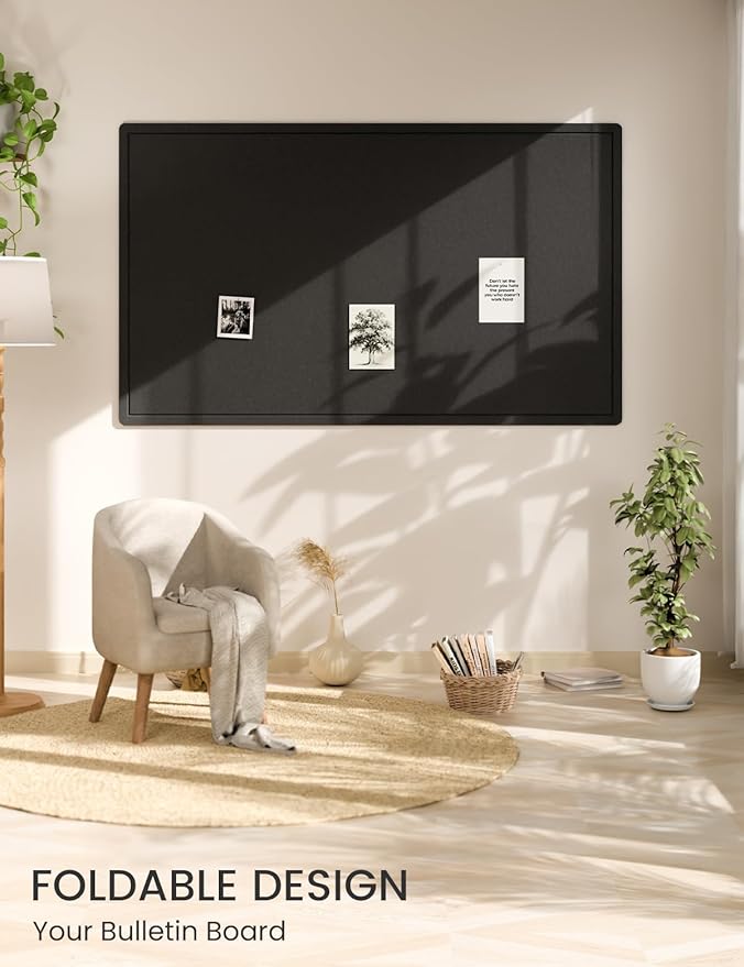 Fluxynara Large Bulletin Board, 59" x 35.4" Cork Board Alternative with 24 Safe Removable Adhesive Tabs, Foldable Felt Pin Board for Home Office, Classroom, Bedroom,Entryway for Walls—Black