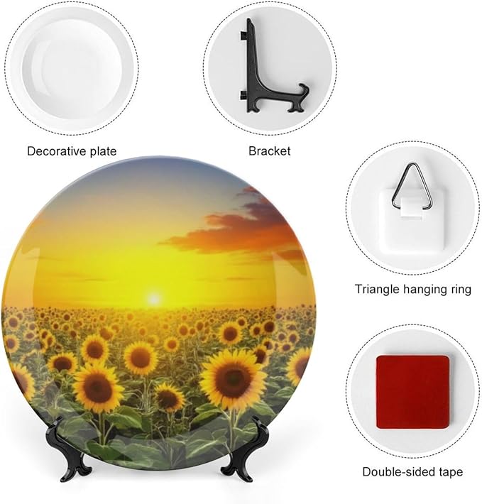 sunflower theme Decorative Ceramic Plate Round Porcelain Plate,10 inch,Field pattern,for Decorative Ornaments Giving Plates,1 Plate with 1 Display Stand,Orange Red Gold