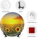 Sunflower Theme Decorative Ceramic Plate Round Porcelain Plate,8 inch,Field Pattern,for Decorative Ornaments Giving Plates,1 Plate with 1 Display Stand,Orange Red Gold