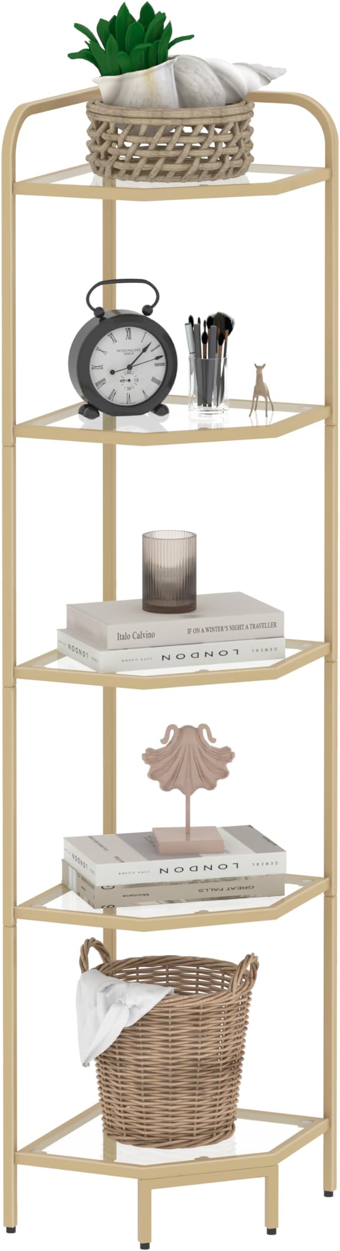 Hzuaneri Corner Shelf Stand, 5-Tier Glass Bookshelf Bookcase, Bathroom Organizer, Plant Stand, Steel Frame, Tempered Glass, Modern Style for Living Room, Bathroom, Kitchen, Golden CS90200G