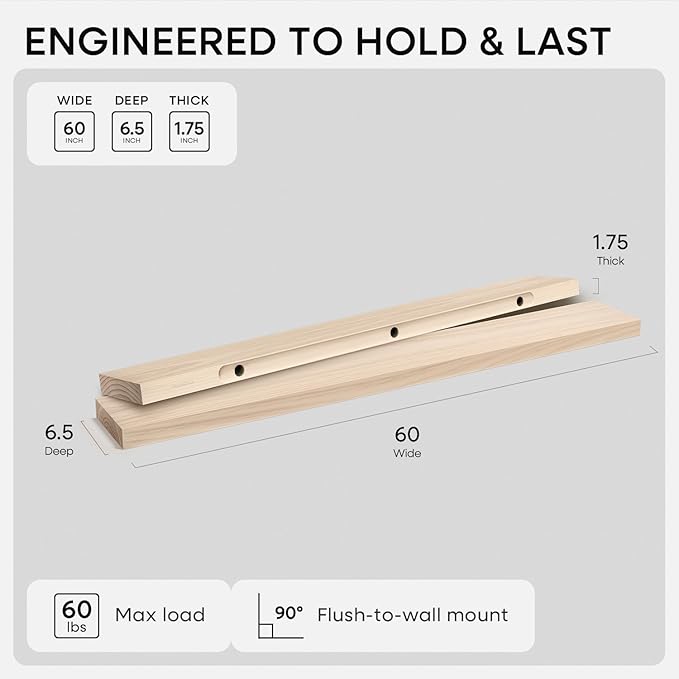 Homeforia 60 inch Wood Floating Shelf, High End Solid Natural Long Wood Shelf for Wall 60 inches, Unfinished Wooden 60inch Large Floating Shelves, Heavy Duty Bracket, 60 X 6.5 X 1.75 in, Set of 3