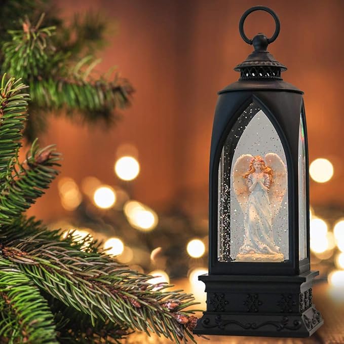 Eldnacele 12” Christmas Snow Globe Lantern Angel with Music & Timer, USB Lined/Battery Operated Lighted Water Glittering Nativity Lantern for Christmas Festival Centerpiece Decoration Gifts – Angel