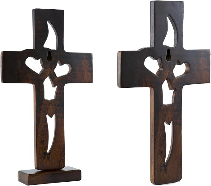 DAICAT - Handcarved Wood Cross with Intertwined Hearts, Crosses Wall Decor, Hand Made Wall Hanging Art Décor, Grift for Wedding (No 6)