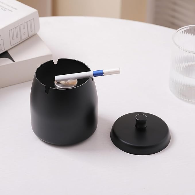 Small Outdoor Ashtray with Lid for Cigarette, Smokeless Stainless Steel Ash Tray, Smell Proof Windproof Ashtrays for Outside Patio Home Office Tabletop, Odorless Car Ashtrays(2.99"x2.68"x2.95")