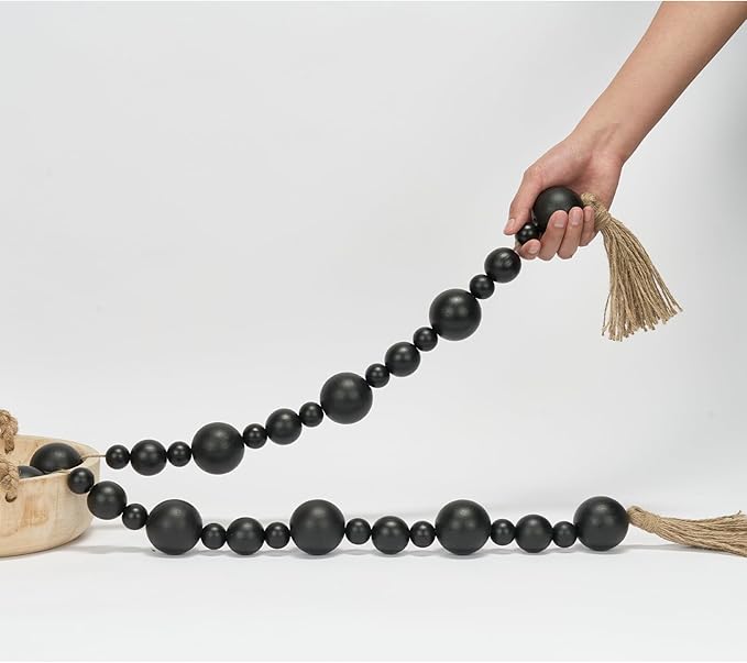 2" Extra Large Wood Bead Garland with Tassels, 60" Long Rustic Farmhouse Wooden Beads Garland, Decorative Beads Boho Decorations for Home Table Mantle Black