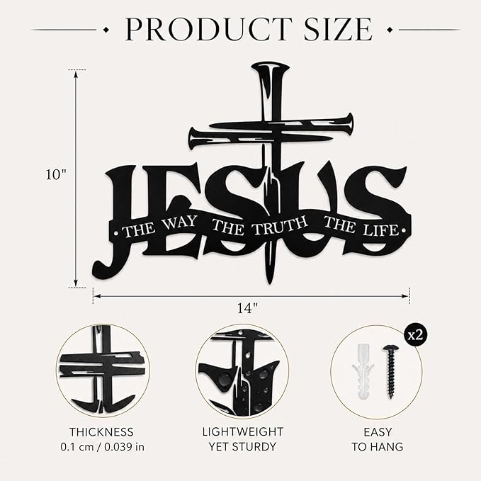 EDCIJB Jesus Cross Metal Wall Decor Christian Wall Art for Home Religious Cross Decoration Living Room Bedroom Prayer Room The Way The Truth The Life Christ Inspired Christian Gift for Family Friends