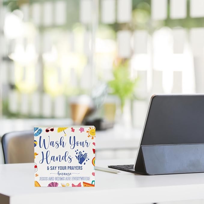 Wash Your Hands Sign Bathroom Decor Summer Bathroom Decor Summer Decorations Wooden Box Sign for Home Office Farmhouse Table Shelf
