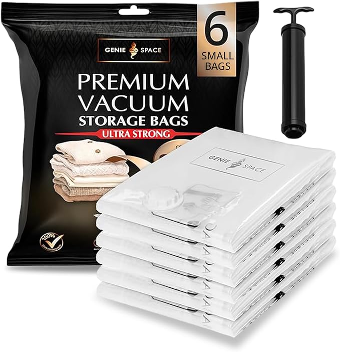 GENIE SPACE Premium Vacuum Storage Bags for Clothes, Bedding and Travel, Small Size 24x16 Inches, Airtight, Odor-Proof and Reusable Space Saver Bags with Double Zipper Seal, 6-Pack with Hand Pump