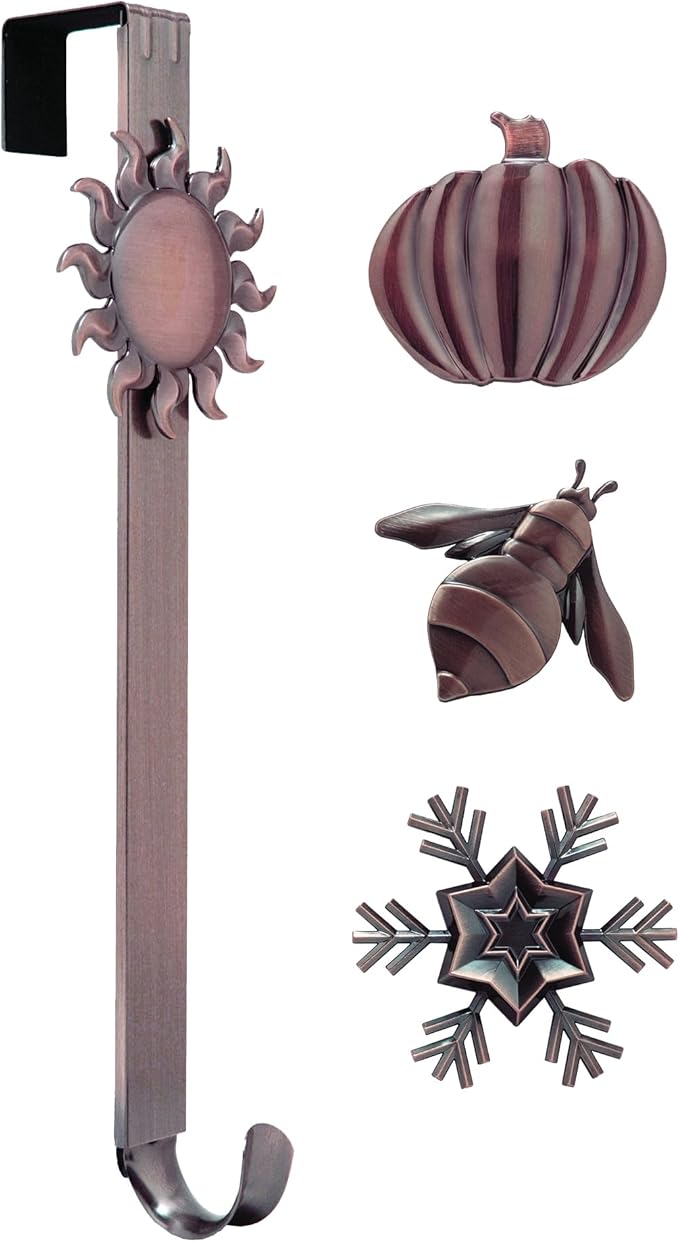 Haute Decor Adapt Adjustable Length Wreath Hanger with Interchangeable Icons (Oil Rubbed Bronze-Bee/Sun/Pumpkin/Snowflake) - 4 Wreath Hangers in 1 - Sturdy Door Wreath Hanger
