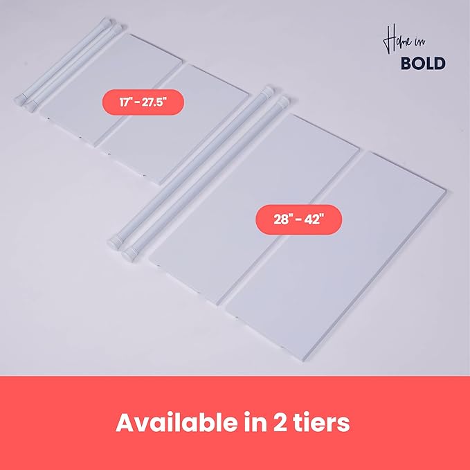 Tension Rod Shelving Expandable Closet Tension Shelf Storage Rack - No Drill Cabinet Tension Rod Shelf for Closet No-Slip | Shelves for Cabinet (NO Screw Installation)