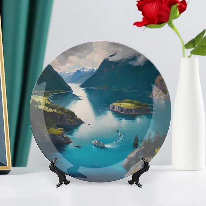 Decorative Plates, Fjords Mountain Lake & Ship Landscape Display Plate for Home Office Kitchen Table Decor Porcelain Plates 10 Inch, Birthday Gifts