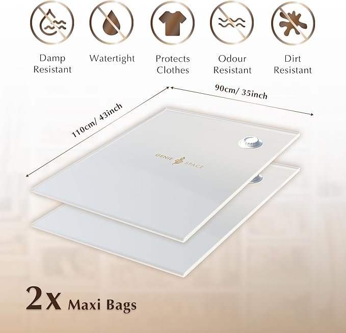 GENIE SPACE XXL Vacuum Storage Bags for Clothes, Bedding and Wardrobes – 43x35 in, Airtight, Reusable and Odor-Proof Space Saver Bags with Double Zipper Seal, 2-Pack