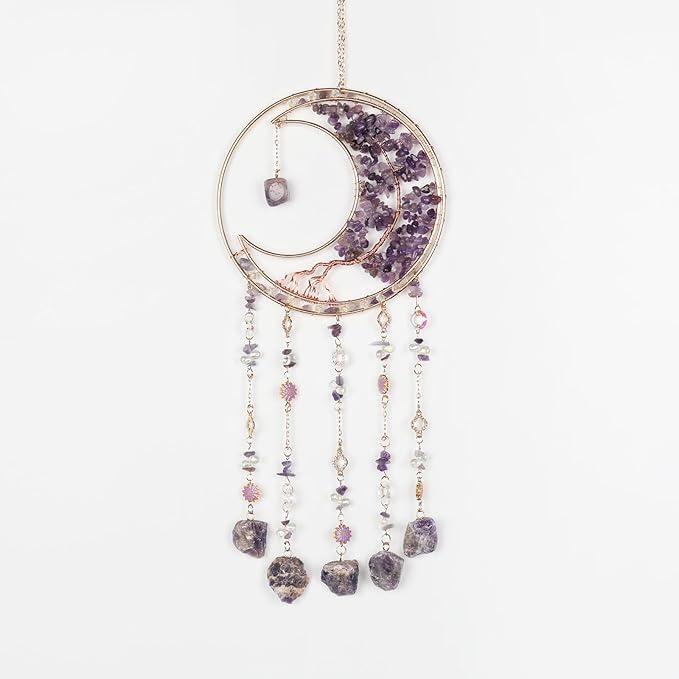 Purple Gemstone Dream Catcher 7 Chakras Tree of Life Moon Dream Catchers with Healing Crystal Stones Handmade Suncatcher Dreamcatcher Wall Decor for Adults Living Room,Bedroom,Garden,Bless Gift
