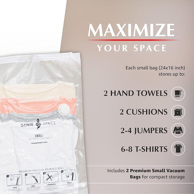 GENIE SPACE Premium Vacuum Storage Bags for Clothes, Bedding and Travel, Small Size 24x16 Inches, Airtight, Odor-Proof and Reusable Space Saver Bags with Double Zipper Seal, 2-Pack
