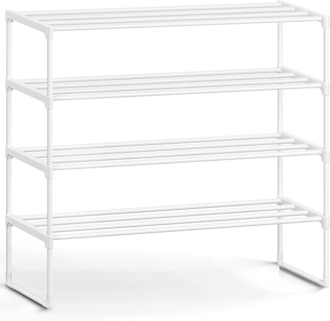 SONGMICS Shoe Rack, 4-Tier Shoe Organizer, Metal Storage Shelf, Upright or Upside Down, for 20-25 Pairs, Stackable, for Entryway, 11.8 x 36.2 x 29.1 Inches, Pearl White ULSA014WK01