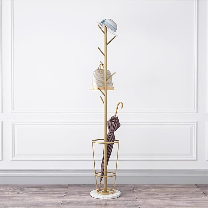 Metal Umbrella Stand with Coat Rack,Modern Umbrella Holder for Entryway,Freestanding Umbrella Rack with Marble Base,Tall Umbrella Storage for Indoor Outdoor Patio(66.9″, Gold White)