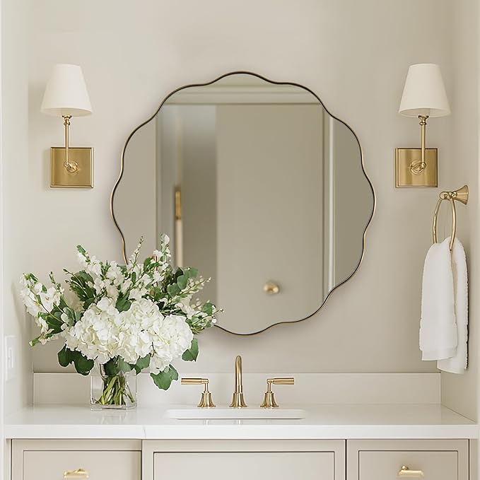 ANDY STAR Brushed Gold Round Wall Mirror 24 Inch, Brass Round Bathroom Mirrors for Over Sink, Anti-Rust Brass Circle Frame for Bathroom, Entryway