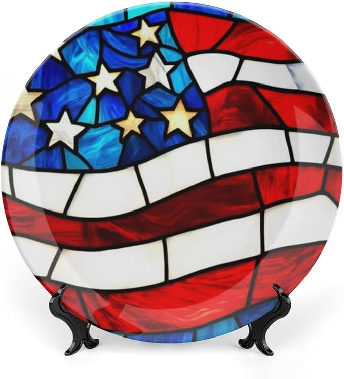Stars and Stripes Theme Decorative Ceramic Plate Round Porcelain Plate,6 inch,Rainbow Glass Pattern,for Decorative Ornaments Giving Plates,1 Plate with 1 Display Stand,Red Blue