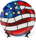Stars and Stripes Theme Decorative Ceramic Plate Round Porcelain Plate,7 inch,Rainbow Glass Pattern,for Decorative Ornaments Giving Plates,1 Plate with 1 Display Stand,Red Blue