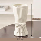 White Flower Vase for Home Decor, White Ceramic Vases for Boho Style, Bow Decor, 9.3 Inch Flower Vases for Bouquet, Large Vase for Ideal Shelf Decor/Table. (Large)