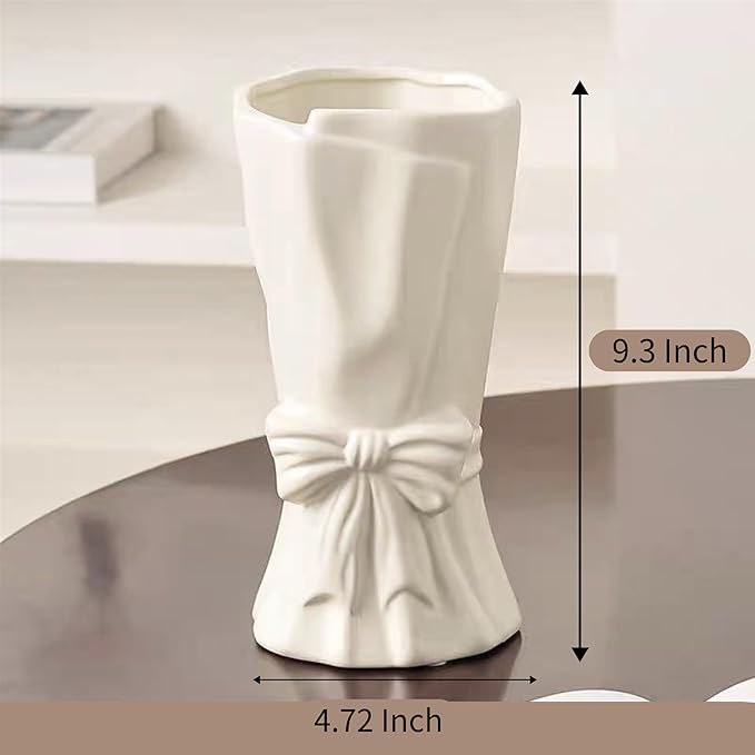 White Flower Vase for Home Decor, White Ceramic Vases for Boho Style, Bow Decor, 9.3 Inch Flower Vases for Bouquet, Large Vase for Ideal Shelf Decor/Table. (Large)