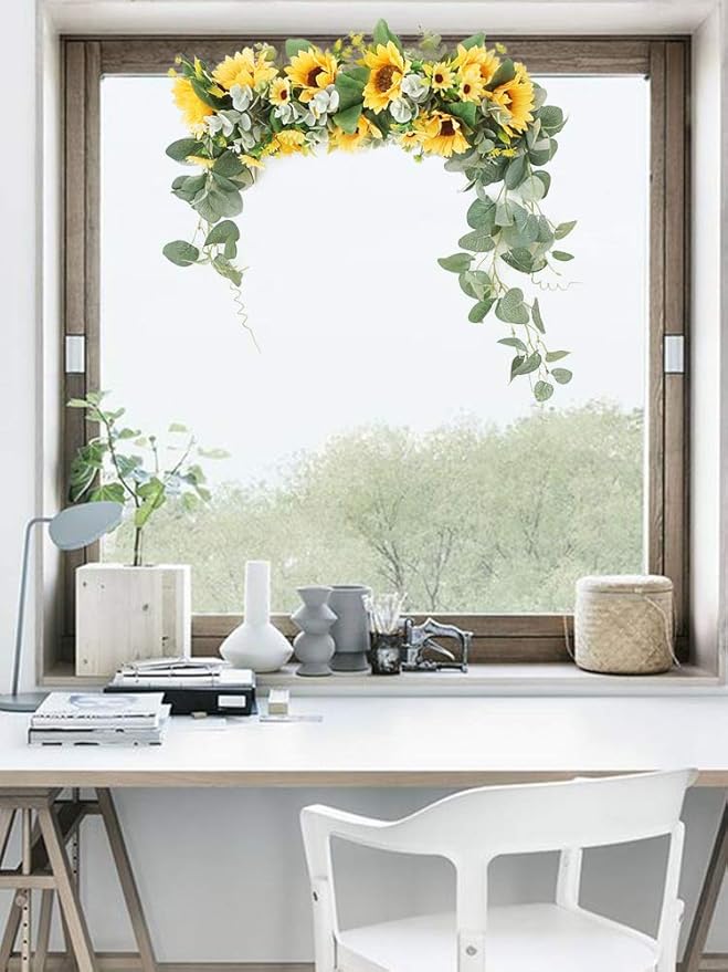 Artificial Sunflower Swag, 17.7inch Decorative Flower Swag Wedding Arch Decor, Fake Flower Wreath Sunflower Swag Garland, Green Leaves Hanging Ornament Floral Swag Door Swag for Wedding Home(Yellow)
