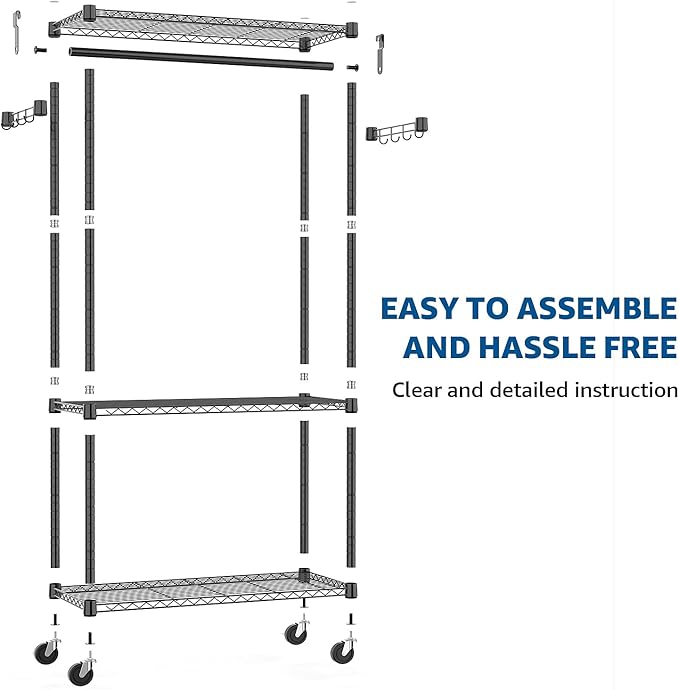 Heavy Duty Rolling Garment Rack 3 Tiers Adjustable Wire Shelving Clothes Rack with Rods and Side Hooks,Storage Closet Clothing Rack with Wheels Black 15.7" D x 29.5" W x 74.5" H