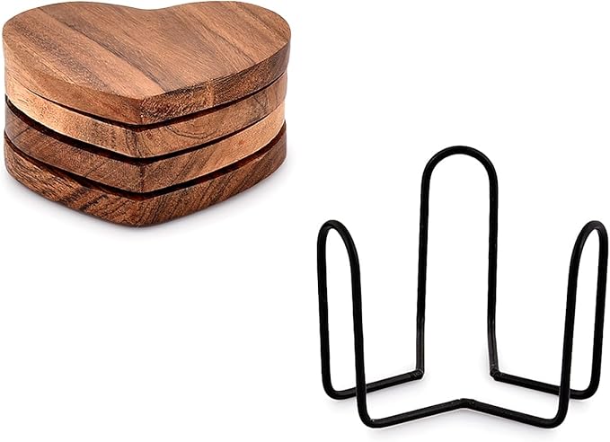 Samhita Acacia Wood Heart Shape Coaster Set of 4 with Iron Holder for Coffee Table Décor Housewarming Gift New Home Kitchen Décor