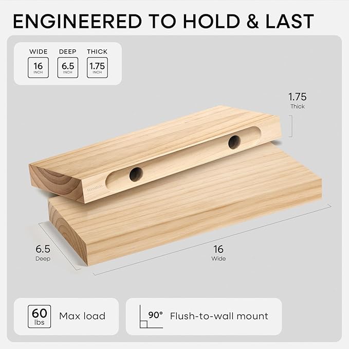 Homeforia 16 inch Natural Floating Shelf, High End Solid Real Wood 16inch Small Floating Shelves for Wall Mounted, Natural Wooden Floating Shelves, Heavy Duty Bracket, 16 X 6.5 X 1.75 in, Set of 4