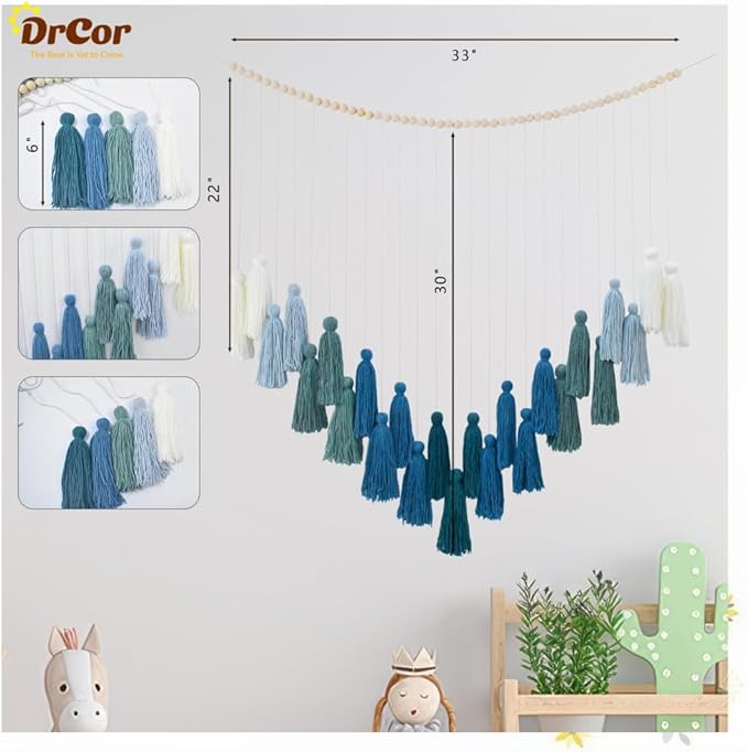 DrCor Ombre Green Boho Macrame Garland – Rustic Yarn Wall Hanging for Living Room, Bedroom or Entryway Decor, Forest Green Mantel Banner, Farmhouse Party or Wedding Decoration
